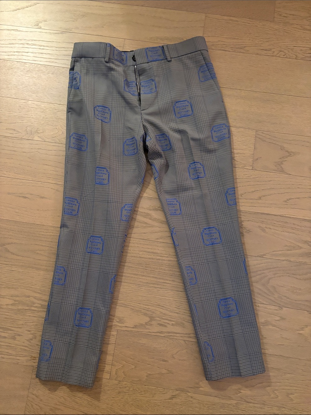Louis Vuitton Gray Plaid Men's Dress Pants with Blue Logo Print